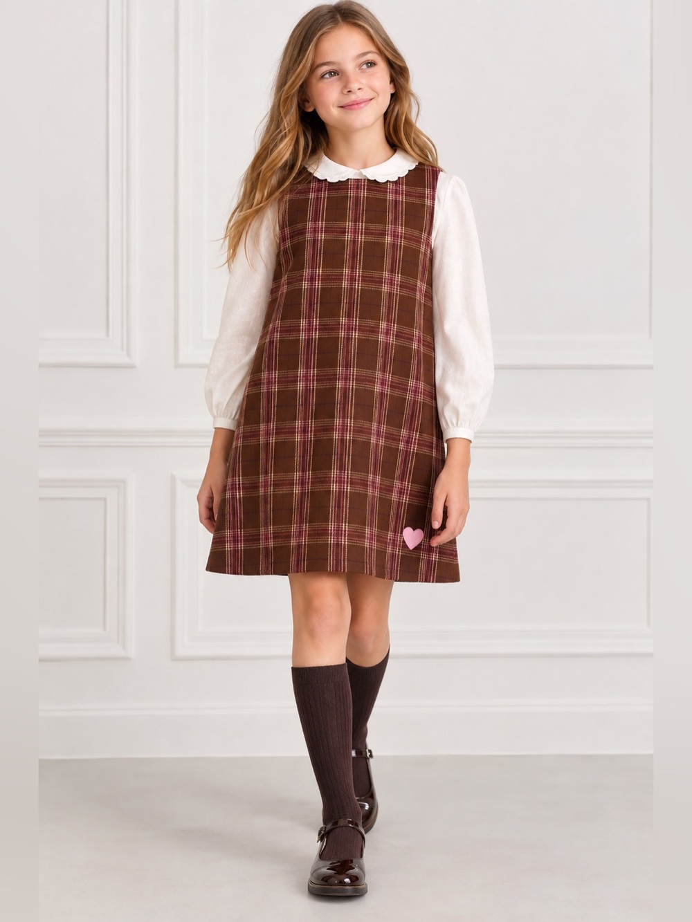 NWT Jacadi Paris Rhante Plaid Pinafore Dress Brown Pink Girls 12Y